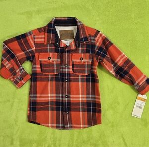 NWT  3T boys -  Oshkosh 100% COTTON  FLANNEL LS SHIRT red-orange blue plaid (Q4)